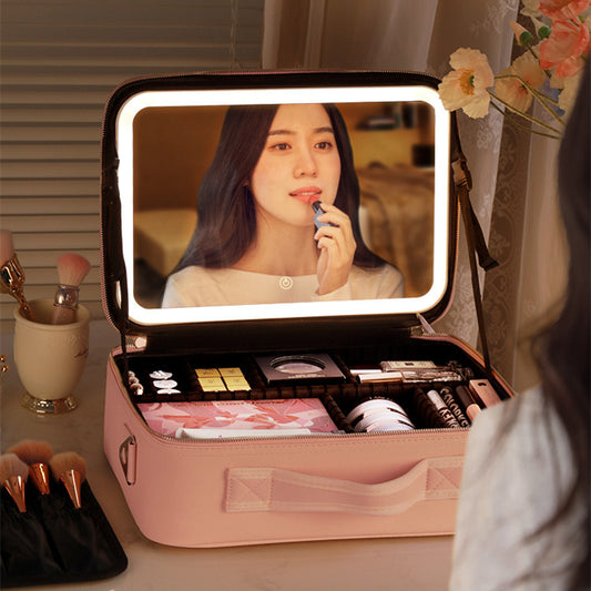 Estojo de cosméticos LED inteligente com espelho Bolsa de cosméticos Grande capacidade Moda Bolsa de armazenamento